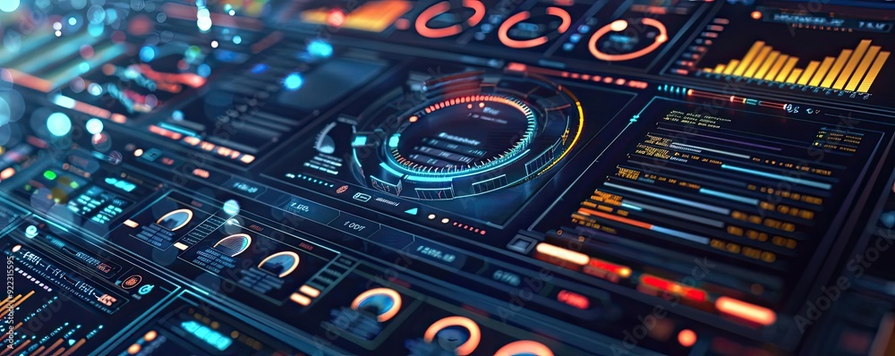 Aufkleber Futuristic dashboard interface with vibrant neon colors, displaying various data metrics and controls for a captivating tech vibe.