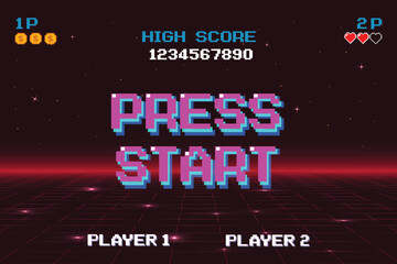 PRESS START. pixel art .8 bit game. retro game. for game assets .Retro Futurism Sci-Fi Background. glowing neon grid. and stars from vintage arcade computer games