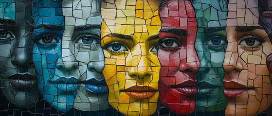 Abstract Mosaic Portrait of Four Faces with Intriguing Expressions, Abstract Mosaic Portrait of Four Faces with Intriguing Expressio