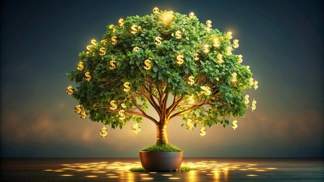 A softly lit 3D money tree symbolizes financial growth and prosperity.