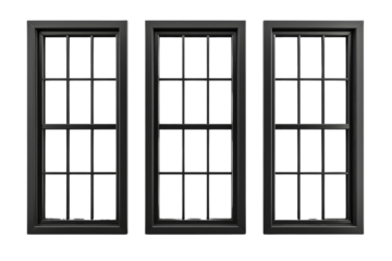 Black Window Frames with Three Isolated Blank Windows Without Background.