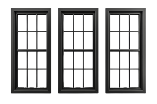 Black Window Frames with Three Isolated Blank Windows Without Background.