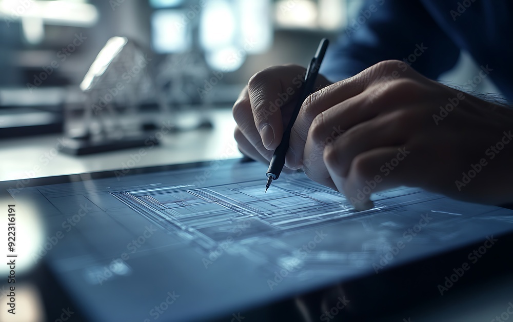 Poster Close-Up of an Architect Using a Digital Stylus on a Tablet to Draw a Blueprint