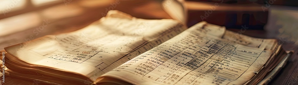 Poster an open vintage book resting on a wooden table, with soft light illuminating its textured pages, inv