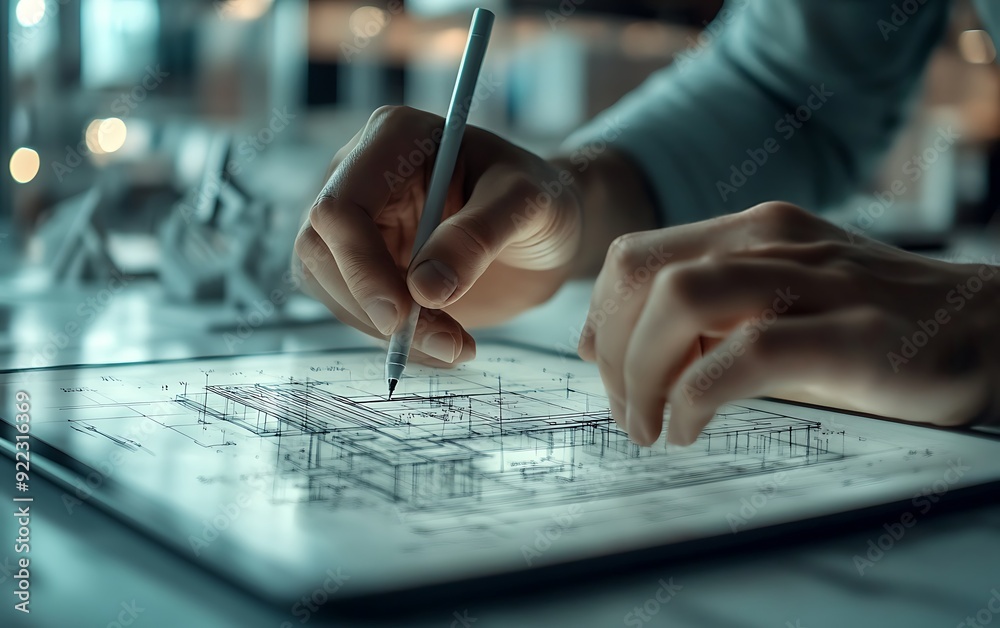 Poster close-up of an architect using a digital stylus on a tablet to draw a blueprint