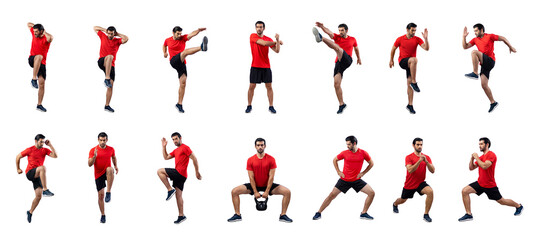 Healthy and active young man in sportswear with different professional fitness posture set of weight lifting squat training with cardio exercise on isolated background in gaiety full body length shot.