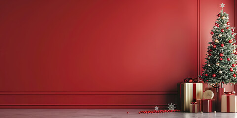 A red wall with a Christmas tree and presents in front of it