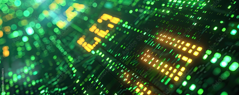 Poster abstract digital background featuring green and yellow glowing data streams, symbolizing technology 
