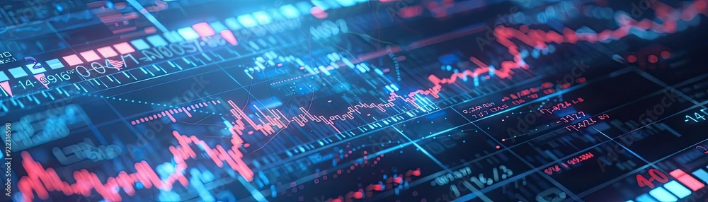 Poster Abstract financial data visualization with vibrant colors and dynamic graphs representing market trends and trading activity.
