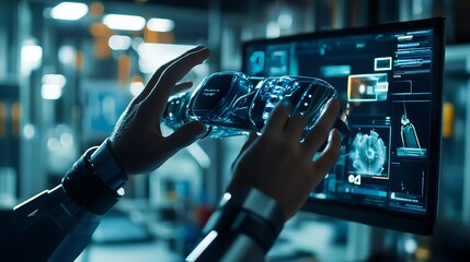 Close-Up of an Engineer Using a VR Headset and Controllers in a High-Tech Lab