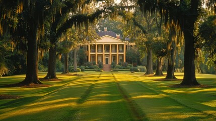 Majestic Southern Plantation Estate with Columns, Oak Trees, and Spanish Moss
