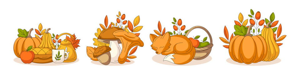 Set of cute autumn illustrations, vector composition from pumpkins, mushrooms, sleeping fox, fall harvest. For seasonal holiday or celebration, sticker, print, poster or postcard, scrapbooking