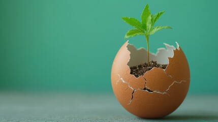 Young Plant Growing from Soil in a Cracked Eggshell on Green Background..