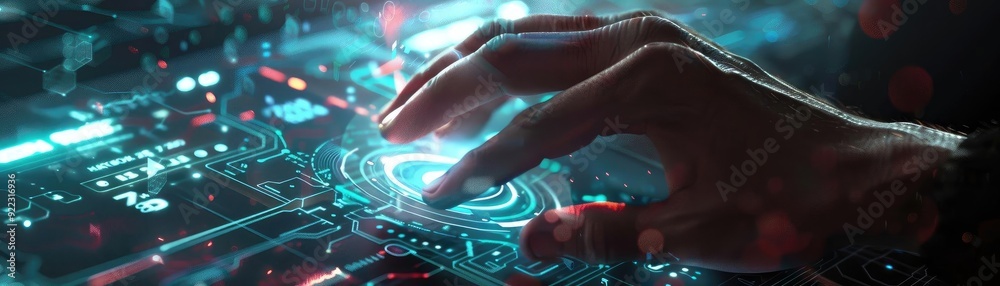 Poster A close-up of a hand interacting with a digital interface, showcasing advanced technology and futuristic design elements.