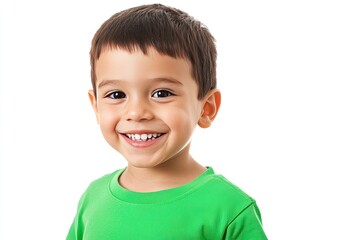 Young boy in a green shirt smiling joyfully against a white background