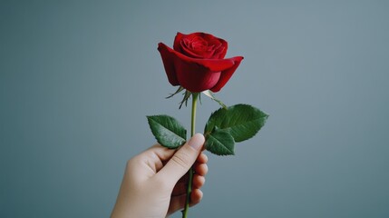 Hand Holding a Red Rose Symbolizing Love and Romance Against a Minimalist Background..