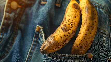 Two overripe bananas with dark spots are sticking out of a blue denim pocket.