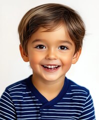 Happy young boy with brown hair smiling in a striped shirt against a neutral background