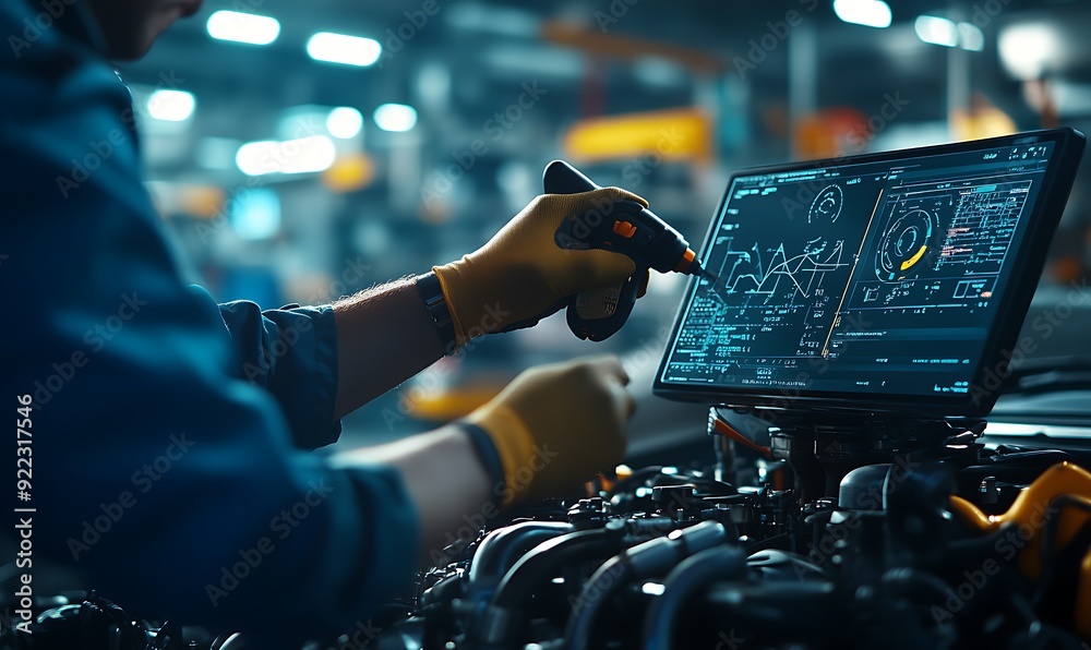 Poster Close-Up of a Mechanic Using a Digital Diagnostic Tool on a Car Engine