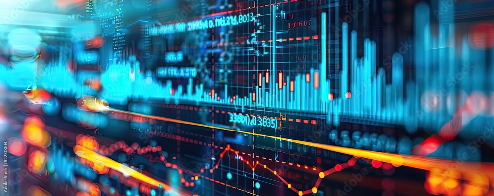 Aufkleber Abstract digital data visualization with vibrant graphs and charts representing financial trends and statistics in a futuristic style.