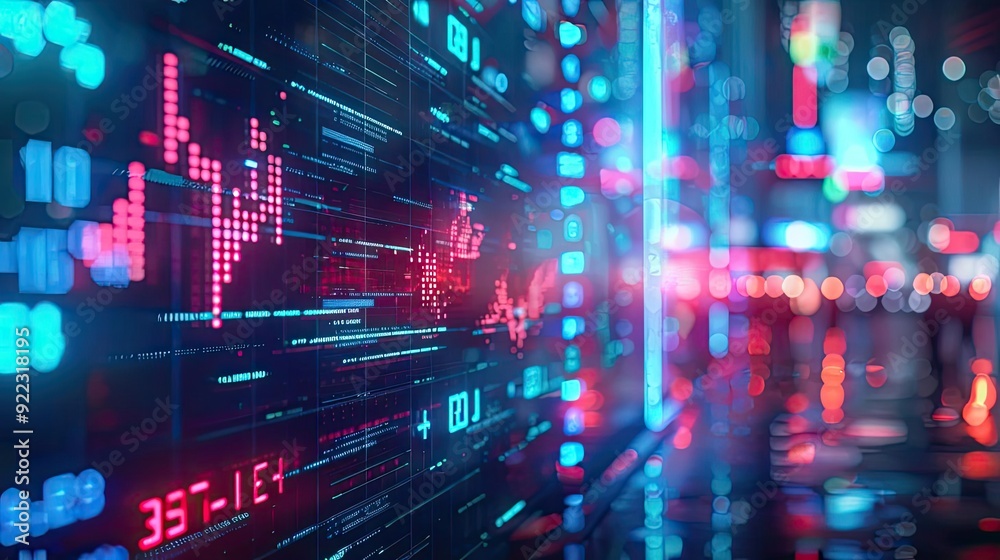 Poster vibrant digital stock market display showcasing fluctuating financial data with neon lights reflecti
