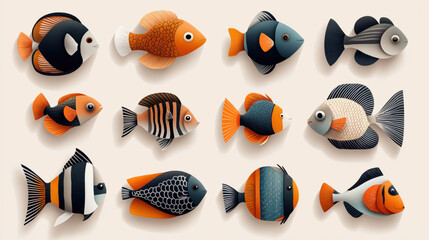 Naklejka premium A collection of twelve colorful, stylized fish illustrations featuring various patterns and vibrant hues, primarily orange, black, and white, on a light background.