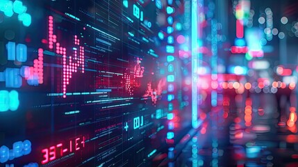 Fototapeta premium Vibrant digital stock market display showcasing fluctuating financial data with neon lights reflecting on a wet surface.