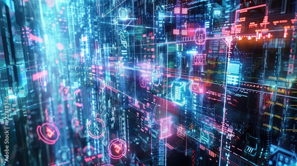 Poster futuristic digital landscape showcasing data streams and vibrant abstract visuals, representing tech