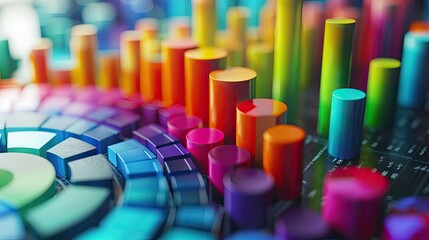 Obraz premium Vibrant data visualization with colorful bars and circular patterns, representing dynamic analytics and modern technology.