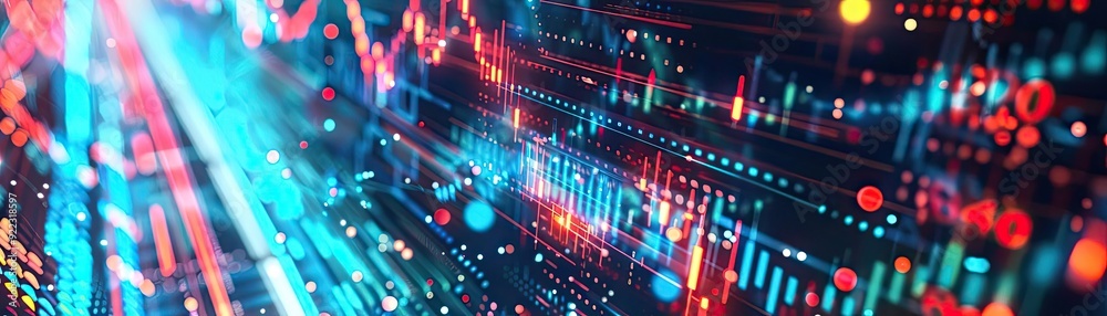 Poster abstract digital background with vibrant colors and light effects, representing technology, data, an