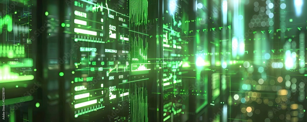 Poster futuristic data visualization with vibrant green lights and digital elements, representing advanced 