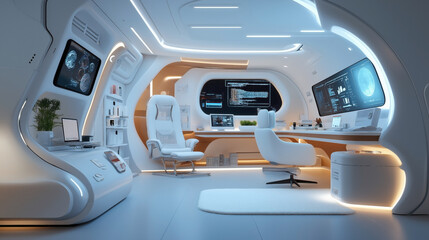 A futuristic medical office with advanced technology equipment, including multiple monitors displaying medical data, a modern desk, ergonomic chairs, and sleek design features.