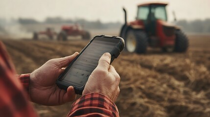 Close-Up of a Farmer Holding a Rugged Smartphone to Check Weather Data for Precision Farming