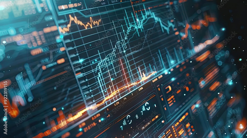 Poster futuristic data visualization featuring vibrant graphs and charts, ideal for finance and technology 