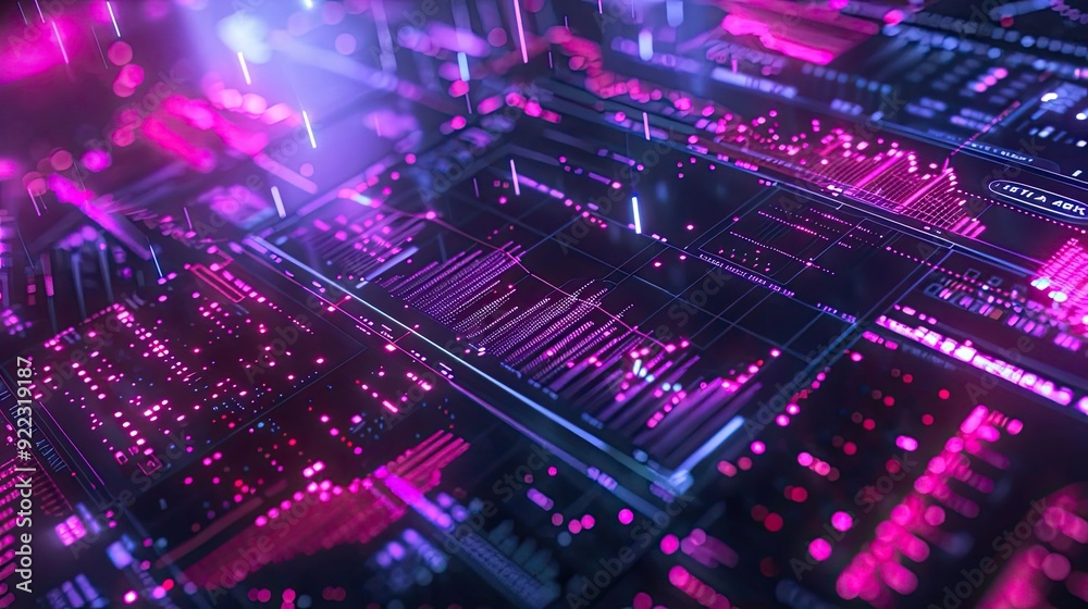 Poster vibrant abstract technology illustration showcasing a circuit board with glowing pink and purple lig