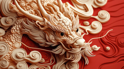 Intricate detailed sculpture of a traditional Chinese dragon with swirling cloud patterns, set against a red background.