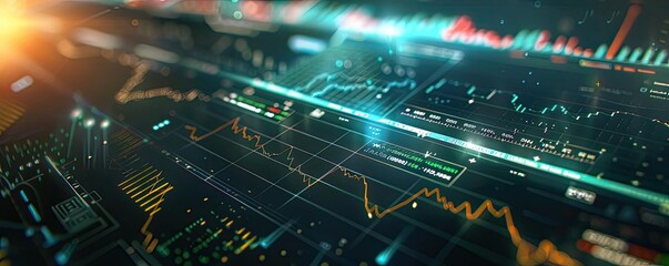 Fototapeta premium Dynamic stock market graph with digital elements showcasing financial data trends and geometric patterns.