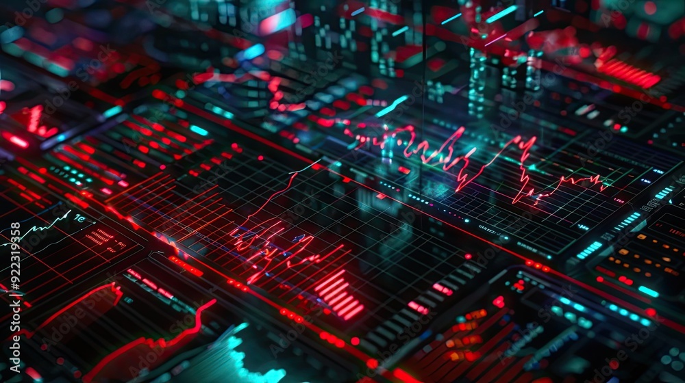 Poster Futuristic digital interface displaying vibrant stock market data with luminous graphs and charts in red and green tones.
