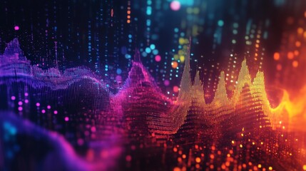 Obraz premium Abstract visualization of sound waves with vibrant colors and glowing dots.