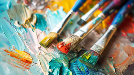 Obraz premium Artistic painting tools, Paintbrushes and palette, Oil paints brushstrokes mixture