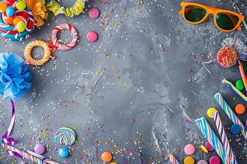 Festive background with colorful candy, lollipops, and confetti on grey surface.