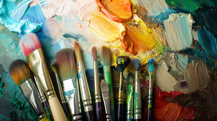 Fototapeta premium Artistic painting tools, Paintbrushes and palette, Oil paints brushstrokes mixture
