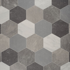 High-resolution multi-tone Gray and White Hexagonal Marble Tile Background with Geometric Pattern