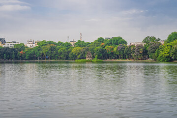 Turtle Tower (Thap Rua) in Hoan Kiem lake (Sword lake, Ho Guom) in Hanoi, Vietnam.
