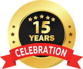 15 Years Celebration seal, 15 Years Golden Logo, 15 Years Anniversary, Fifteen Years Celebration with Red Ribbon, Celebration in Golden Red ribbon