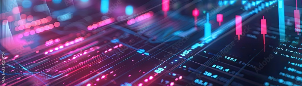 Poster abstract digital background showcasing vibrant data flow with glowing lines and bars, perfect for te