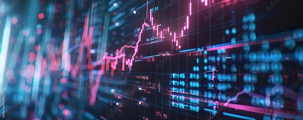 Poster abstract financial data visualization with bright pink and blue lines, representing stock market tre