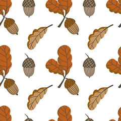 Cotton fabric Seamless vector pattern with an acorn and oak leaf in flat style. Elements for autumn design in brown color. Natural floral clipart for cozy compositions on the theme of the harvest festival.