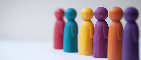 Colorful Wooden People Standing in a Row, Representing Diversity and Unity, Representing Diversity