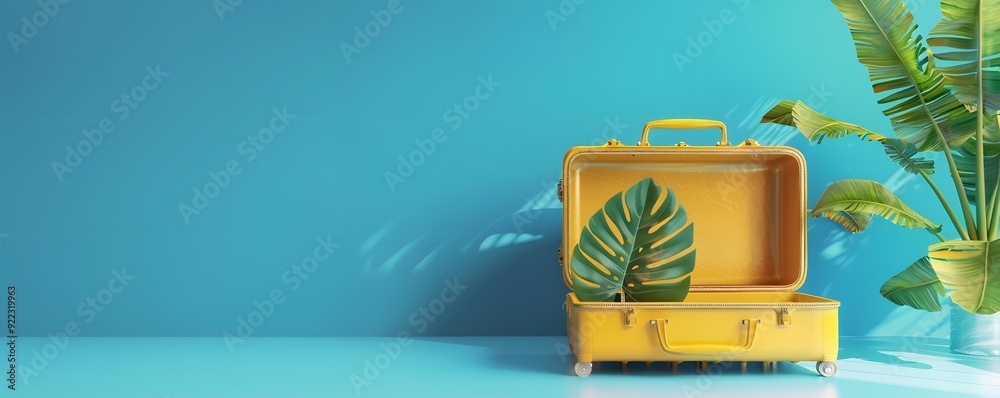 Wall mural Open Yellow Suitcase with Tropical Leaf and Blue Background